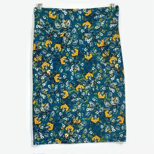 LuLaRoe Cassie Skirt Large Teal Mustard Floral Knee Length Pull On Pencil Travel